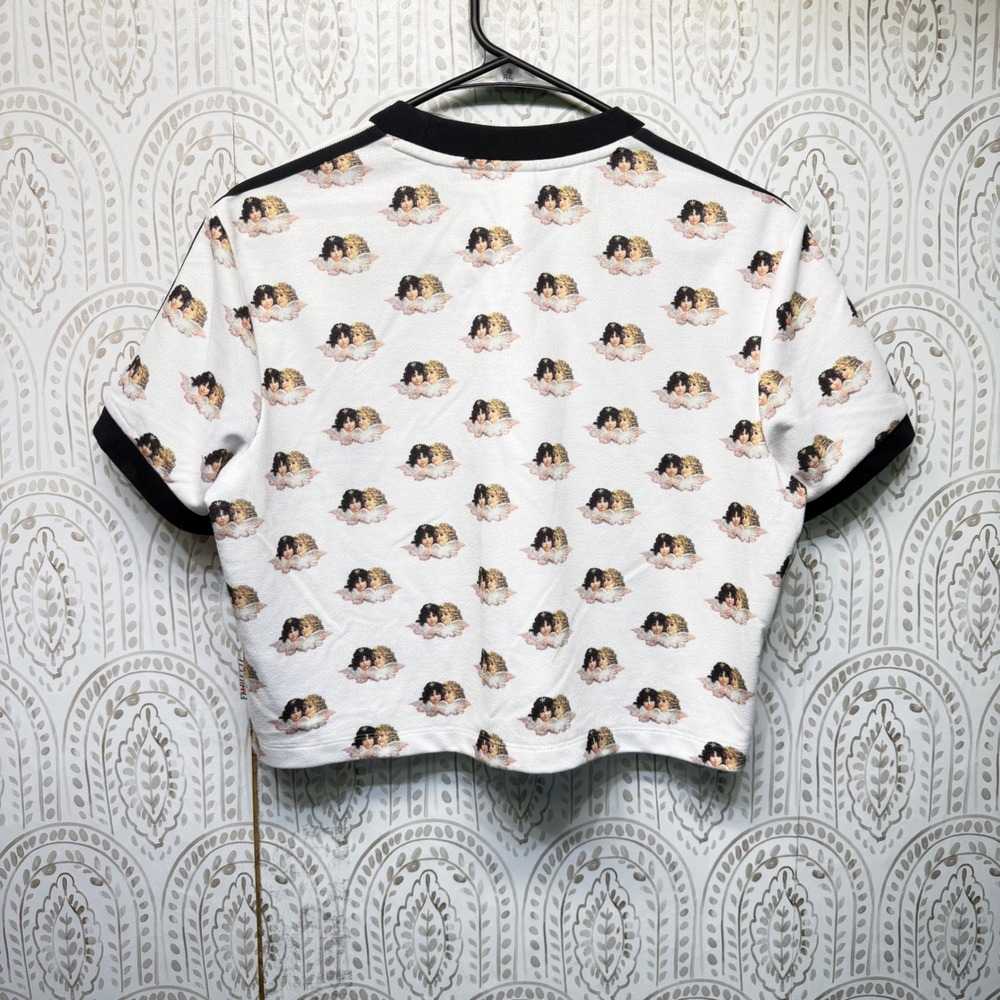 Rare Adidas Fiorucci Crop Top Women Small White Angel Cherub Print 3 Stripe - Picture 2 of 8